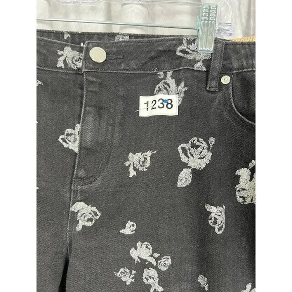 Michael Kors Izzy Cropped Skinny Black Jeans with Silver Flowers Size 16W
